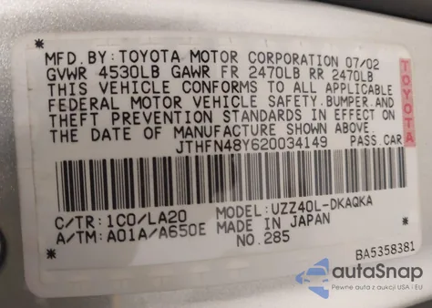 2002 Lexus Sc 430 z USA, uszkodzony, nr VIN JTHFN48Y620034149